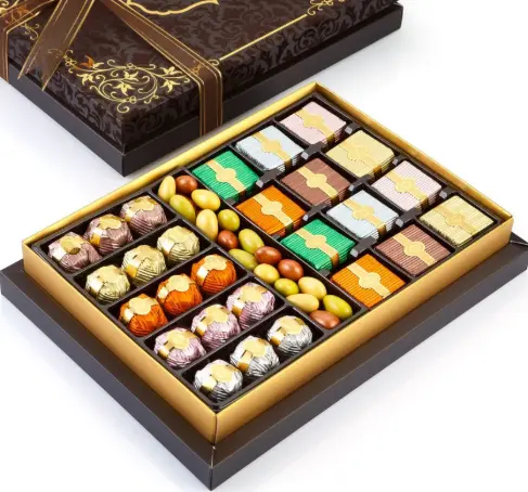 Colorful assorted chocolates in an elegant square gift box
