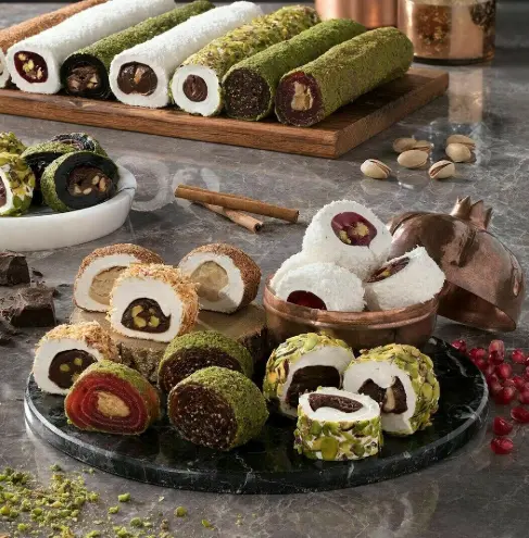 Turkish delight rolls with pistachio filling in an elegant box