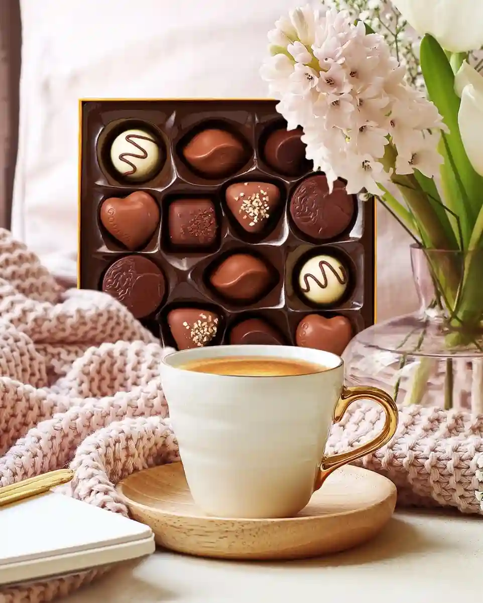 Luxury assorted chocolate box in a brown gift tray