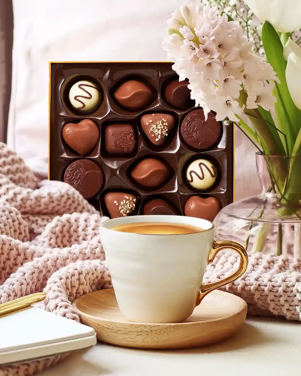 Luxury assorted chocolate box in a brown gift tray